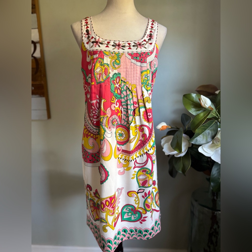 Cottage whimsi Miller pink green yellow beaded boho paisley dress 4 Sleeveless